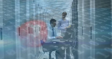 Animation of binary code and eye scanning over caucasian men checking servers Video stock 327901505