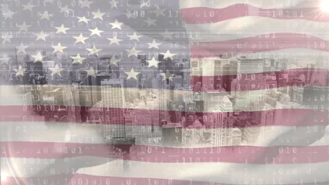 Animation of binary code and flag of usa over cityscape Stock Footage 325770982