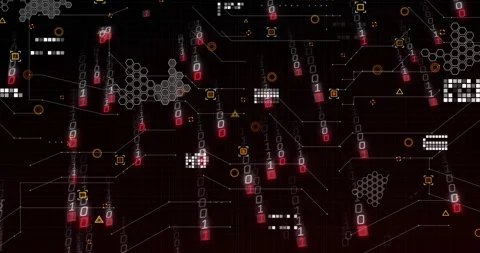 Animation of binary code and geometric patterns forming network on dark Stock Footage 303588878