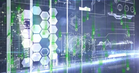 Animation of binary code and geometric patterns over futuristic cityscape Stock Footage 304761443