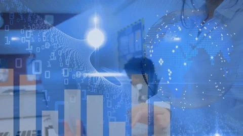 Animation of binary code and globe over asian female lab worker Stock Footage 196891715