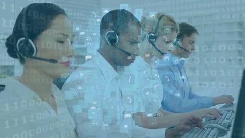 Animation of binary code and globe over diverse female and male consultants with Stock Footage 327002459