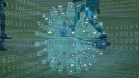 Animation of binary code and globe made of icons over legs of diverse male Stock Footage 328298152