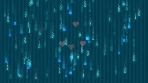 Animation of binary code and heart symbols over digital matrix background Stock Footage 303563251