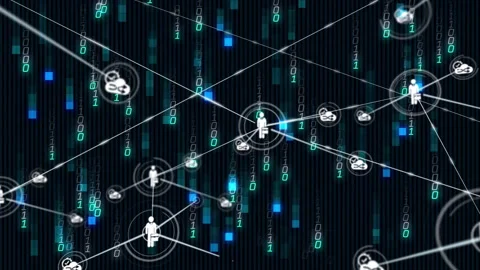 Animation of binary code and human icons representing network connections in Stock Footage 303608353