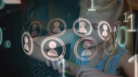 Animation of binary code and icons over caucasian girl using computer Stock Footage 329108476