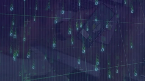 Animation of binary code and math symbols overlaying abstract geometric shapes Stock Footage 304839797