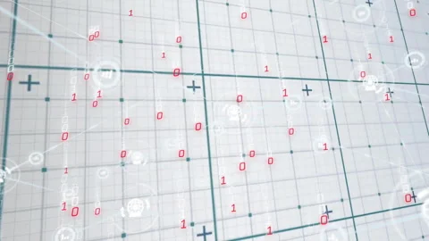 Animation of binary code and mathematical symbols overlaying grid pattern in Stock Footage 305029298