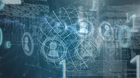 Animation of binary code and rotating icons over network of connections Stock Footage 328006417