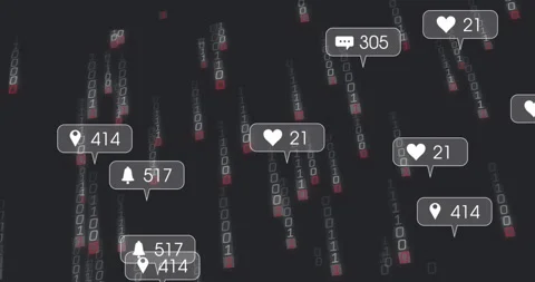 Animation of binary code and social media notifications floating in digital Stock Footage 304203612