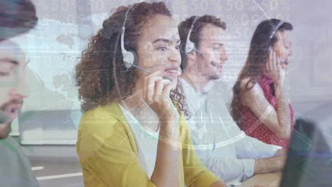 Animation of binary code and world map over happy diverse female and male call Stock Footage 327446808