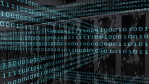 Animation of binary code in blue over servers Stock Footage 327898488