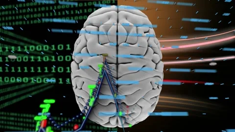 Animation of binary code, brain, financial graphs and data on black background Stock Footage 328714198