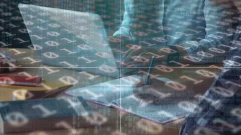 Animation of binary code, circle with rays over midsection of caucasian students Stock Footage 206317533