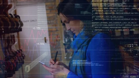 Animation of binary code, computer language, graphs over caucasian woman Stock Footage 327524191