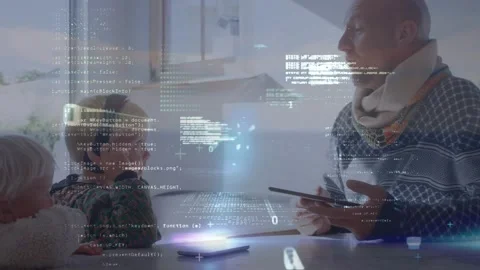 Animation of binary code, computer language, caucasian senior man teaching Stock Footage 329222979