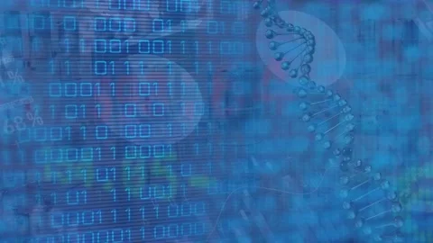 Animation of binary code, financial data and dna on blue background Stock Footage 329857700
