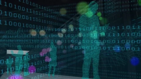 Animation of binary code, human silhouettes and lights moving over black Stock Footage 202317572