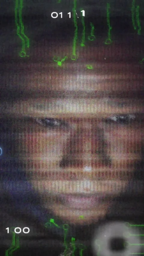 Animation of binary code, integrated circuit and face of african american hacker Video stock 342802075