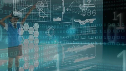 Animation of binary code moving over screen with diverse data and boy wearing vr Stock Footage 329853413