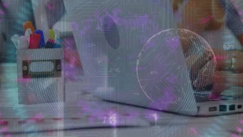 Animation of binary code nad globe over hands of caucasian girl using laptop at Stock Footage 329708875
