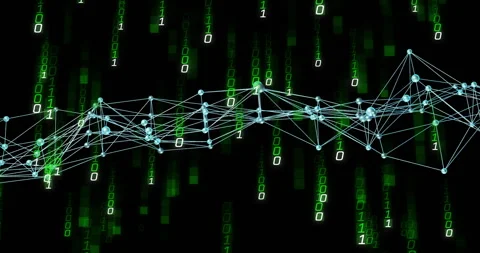 Animation of binary code network connecting over digital matrix background Stock Footage 303870448