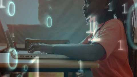 Animation of binary code over african american girl using computer Stock Footage 327446837