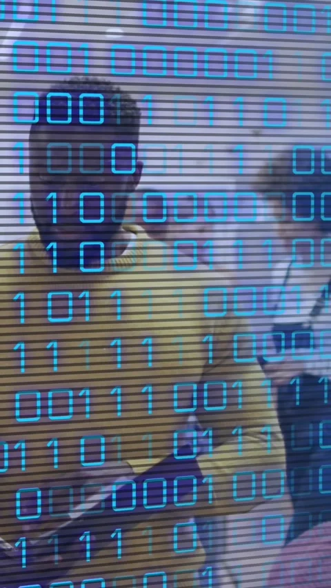 Animation of binary code over african american man walking in office Stock Footage 341953268