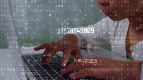 Animation of binary code over asian boy using laptop Stock Footage 330115098