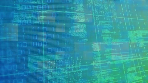 Animation of binary code over blue and green digital screen Video stock 200856517