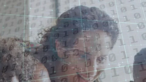Animation of binary code over caucasian female teacher teaching to african Stock Footage 326096819