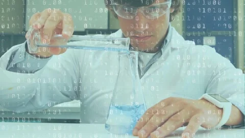 Animation of binary code over caucasian male lab worker pouring liquids Stock Footage 327956294