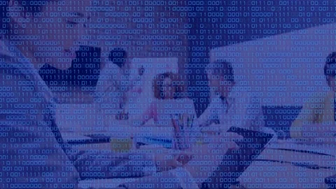 Animation of binary code over caucasian woman and coworkers in office Stock Footage 329698242