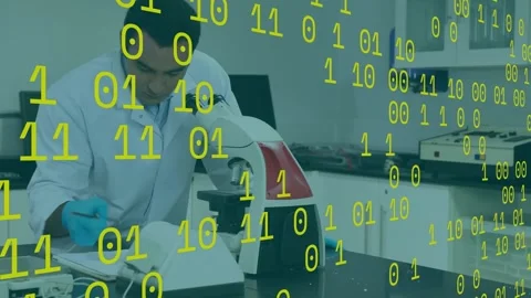 Animation of binary code over caucasian male lab worker with microscope Stock Footage 330664113