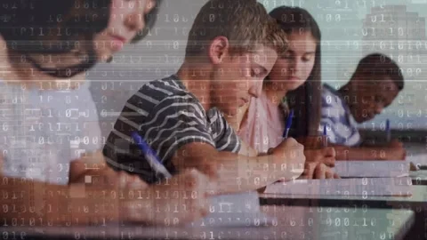 Animation of binary code over class of diverse pupils learning at school Stock Footage 329367668