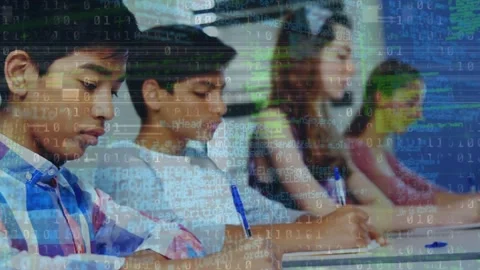 Animation of binary code over class of diverse pupils learning at school Stock Footage 329708874
