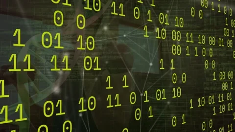 Animation of binary code over connections and dna on green background Stock Footage 327393061