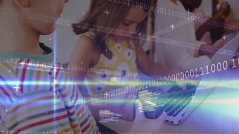 Animation of binary code over diverse pupils using laptop at school Stock Footage 325836237