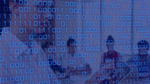 Animation of binary code over diverse businesspeople in office Stock Footage 327900169