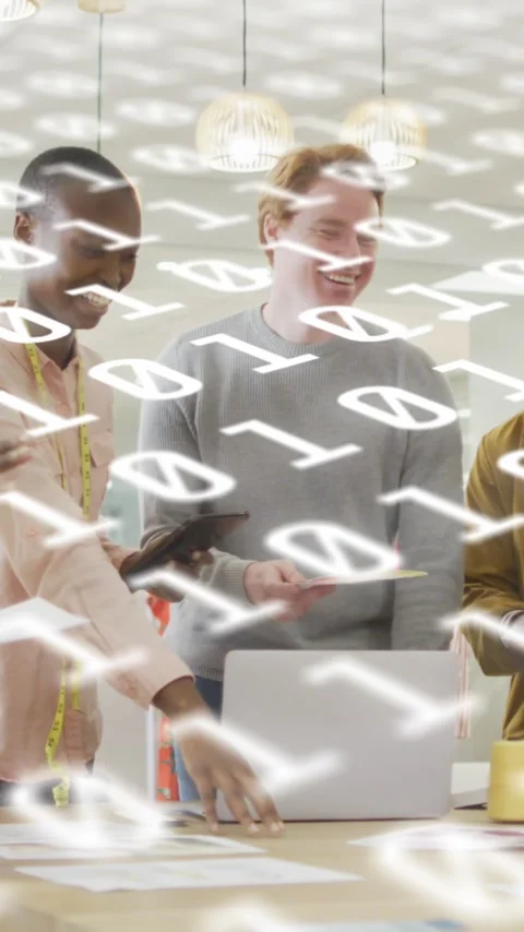 Animation of binary code over diverse coworkers talking in office Stock Footage 341953269