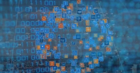 Animation of binary code over globe made of icons Stock Footage 327270465