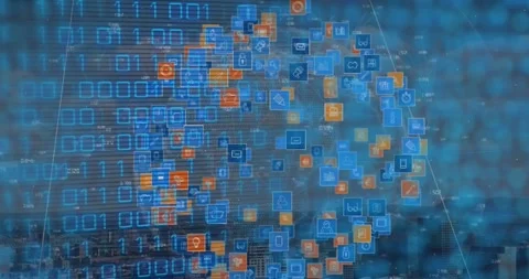 Animation of binary code over globe made of icons Stock Footage 327901409