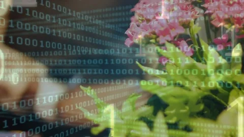 Animation of binary code over hand of man using smartwatch for contactless Stock Footage 329559592