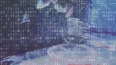 Animation of binary code over hands of caucasian man using touchscreen Stock Footage 327126752