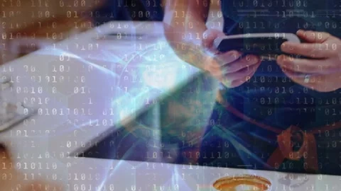 Animation of binary code over hands of caucasian man paying with smartwatch Stock Footage 328254012