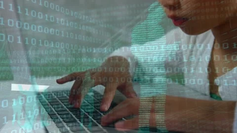 Animation of binary code over hands of asian girl using laptop Stock Footage 329427465