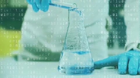 Animation of binary code over hands of lab worker pouring liquids Stock Footage 330254480