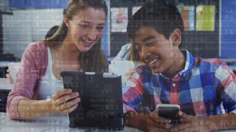 Animation of binary code over happy diverse boy and girl using tablet at school Stock Footage 329367669