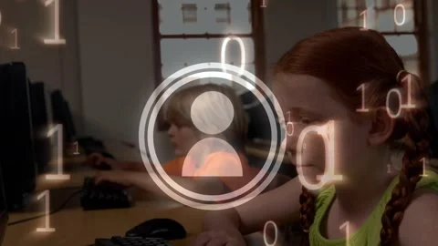 Animation of binary code over happy caucasian girl using computer Stock Footage 329849172