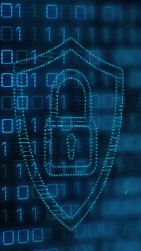 Animation of binary code over lights and digital shield with padlock Stock Footage 342707217